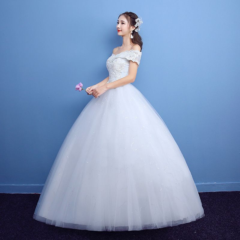 2024 New White One Shoulder Korean Style Slim Fit Plus Size Bridal Wedding Dress Floor Length Fluffy Skirt
