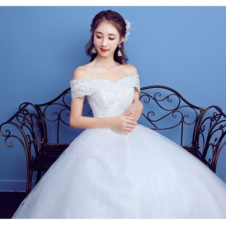 2024 New White One Shoulder Korean Style Slim Fit Plus Size Bridal Wedding Dress Floor Length Fluffy Skirt