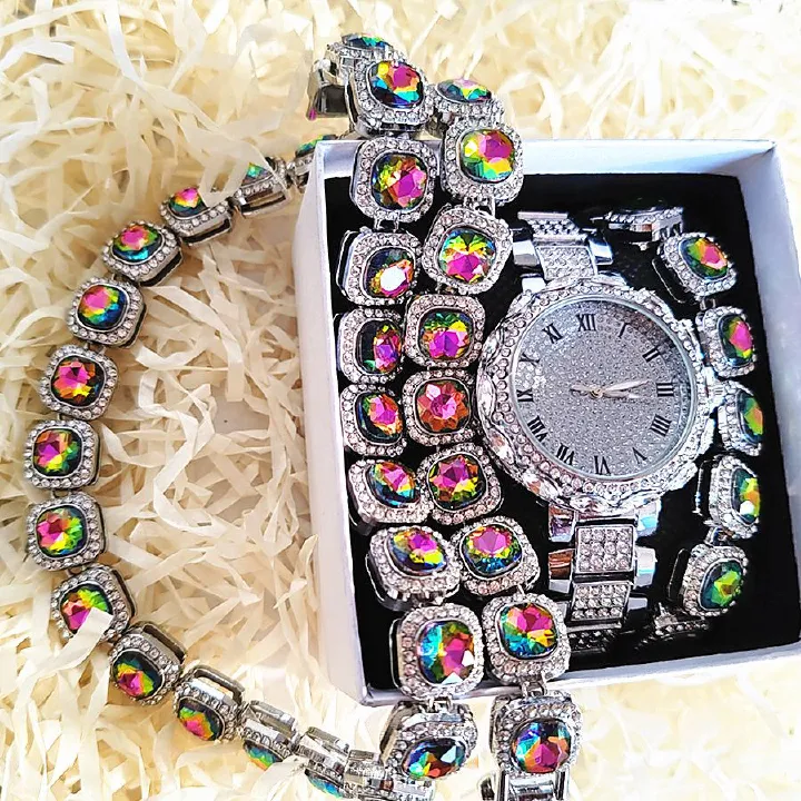 Hip-hop Luxury Diamonds 3pcs/set Women's Calendar Watch Necklace Bracelet Jewelry Set(1pc watch+1pc bracelet+1pc Necklace) Office Ladies Girls Students Evenings Parties Dress Decorations Set