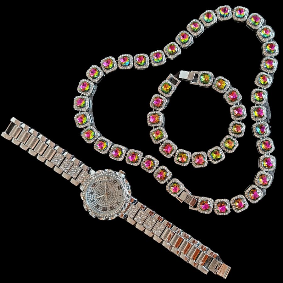 Hip-hop Luxury Diamonds 3pcs/set Women's Calendar Watch Necklace Bracelet Jewelry Set(1pc watch+1pc bracelet+1pc Necklace) Office Ladies Girls Students Evenings Parties Dress Decorations Set