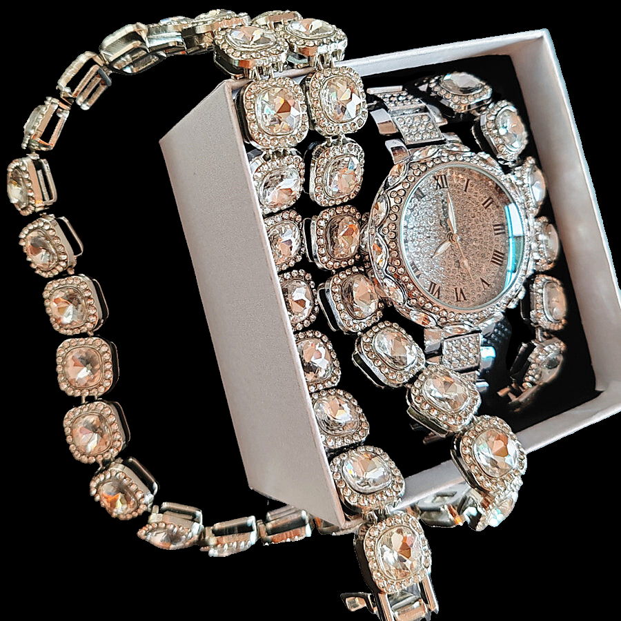 Luxury Diamonds 3pcs/set Women's Calendar Watch Necklace Bracelet Jewelry Set(1pc watch+1pc bracelet+1pc Necklace) Office Ladies Girls Students Evenings Parties Dress Decorations Set