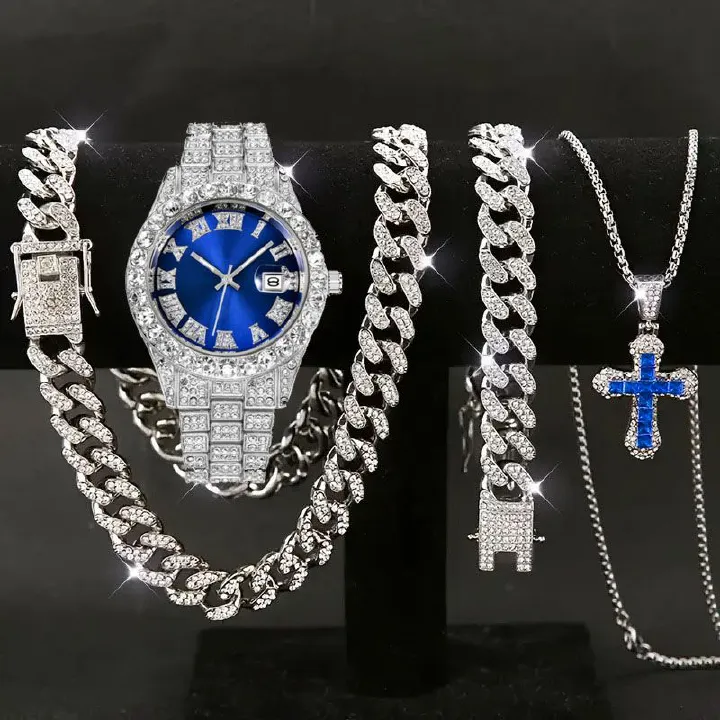 Men's Trendy Hip-Hop Four-Piece Set: Cuban Link Bracelet + Cuban Link Chain + Cross Zircon Necklace + Calendar Quartz Watch - Street Style Watch Gift Box Set, Birthday/Holiday Gift for Boyfriend