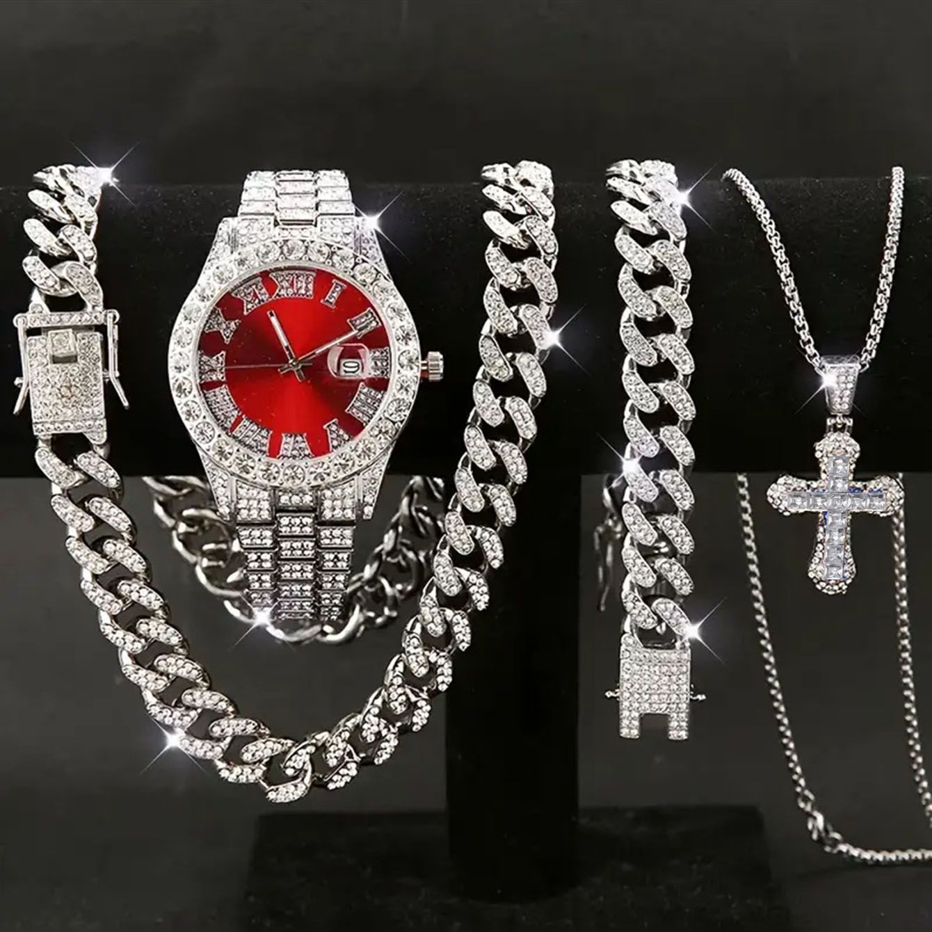 Men's Trendy Hip-Hop Four-Piece Set: Cuban Link Bracelet + Cuban Link Chain + Cross Zircon Necklace + Calendar Quartz Watch - Street Style Watch Gift Box Set, Birthday/Holiday Gift for Boyfriend
