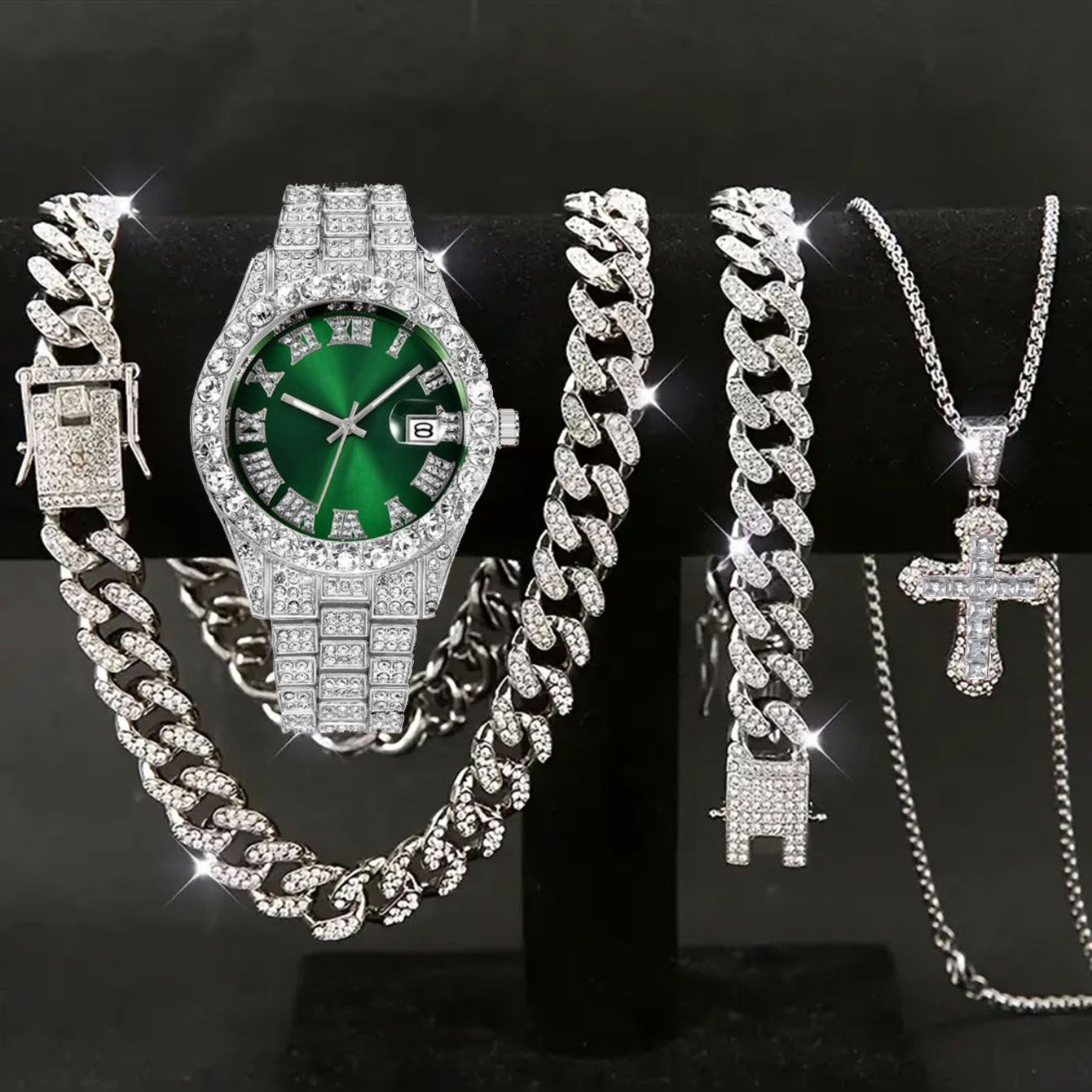 Men's Trendy Hip-Hop Four-Piece Set: Cuban Link Bracelet + Cuban Link Chain + Cross Zircon Necklace + Calendar Quartz Watch - Street Style Watch Gift Box Set, Birthday/Holiday Gift for Boyfriend
