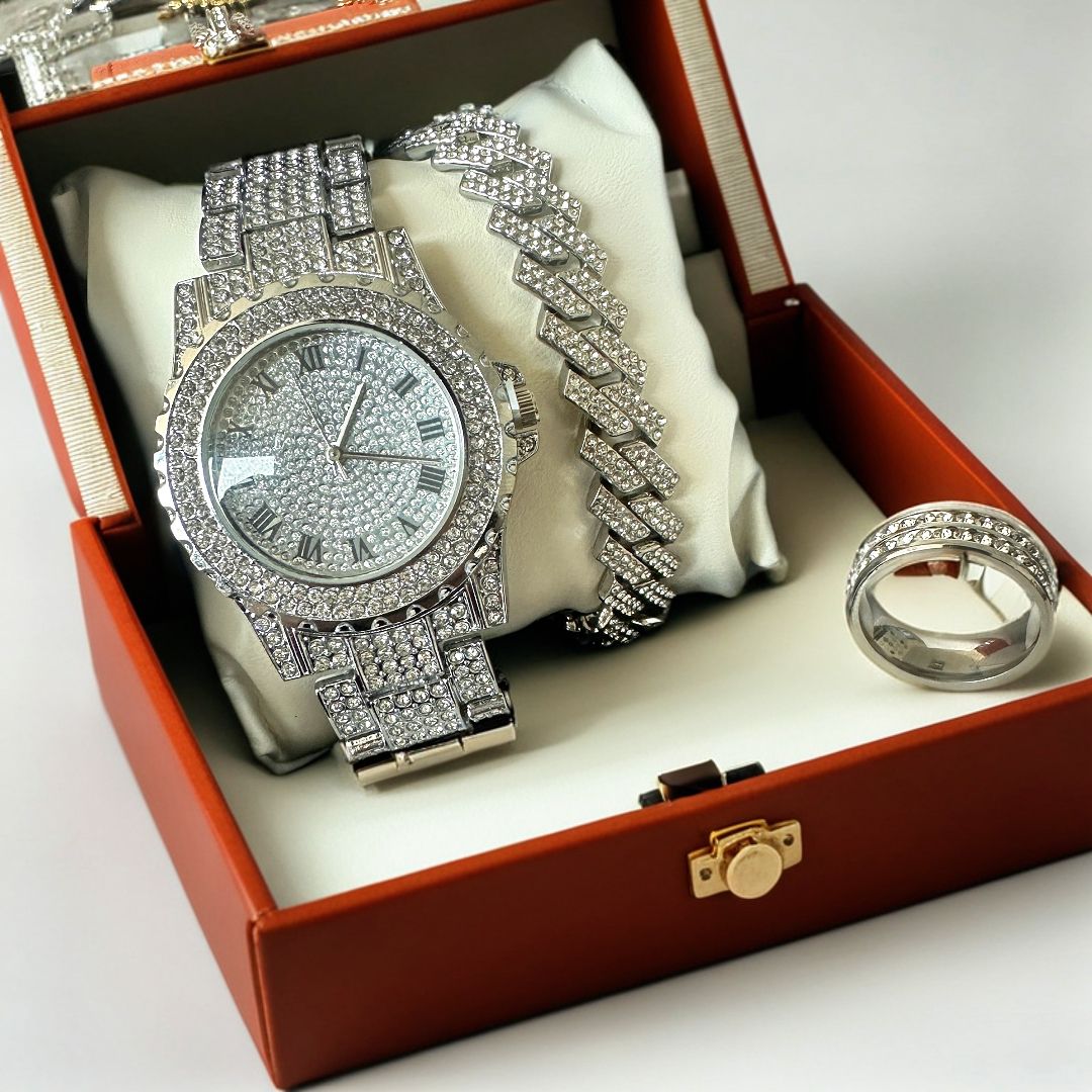 Hot selling Hip Hop 3-piece/set Starry Sky Watch with Diamond Set, Fashion Alloy Steel Strip Watch, European and American Trendy Quartz Watch Jewelry Gift Box（1*watch 1*bracelet 1*ring）