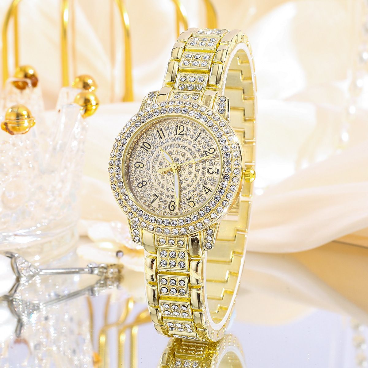 Hot selling Hip Hop 3-piece/set Starry Sky Watch with Diamond Set, Fashion Alloy Steel Strip Watch, European and American Trendy Quartz Watch Jewelry Gift Box（1*watch 1*bracelet 1*ring）