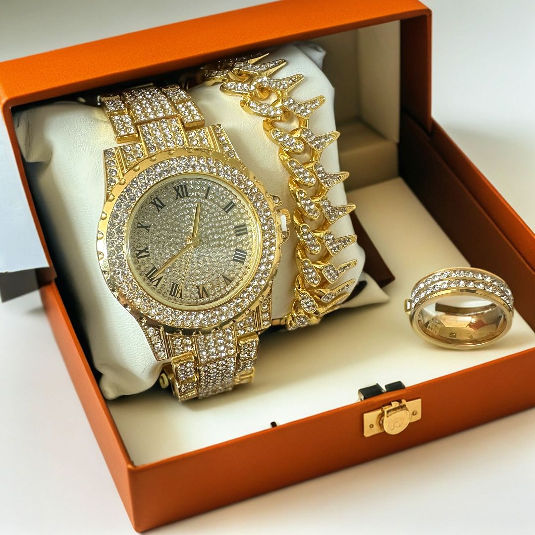 Hot selling Hip Hop 3-piece/set Starry Sky Watch with Diamond Set, Fashion Alloy Steel Strip Watch, European and American Trendy Quartz Watch Jewelry Gift Box（1*watch 1*bracelet 1*ring）