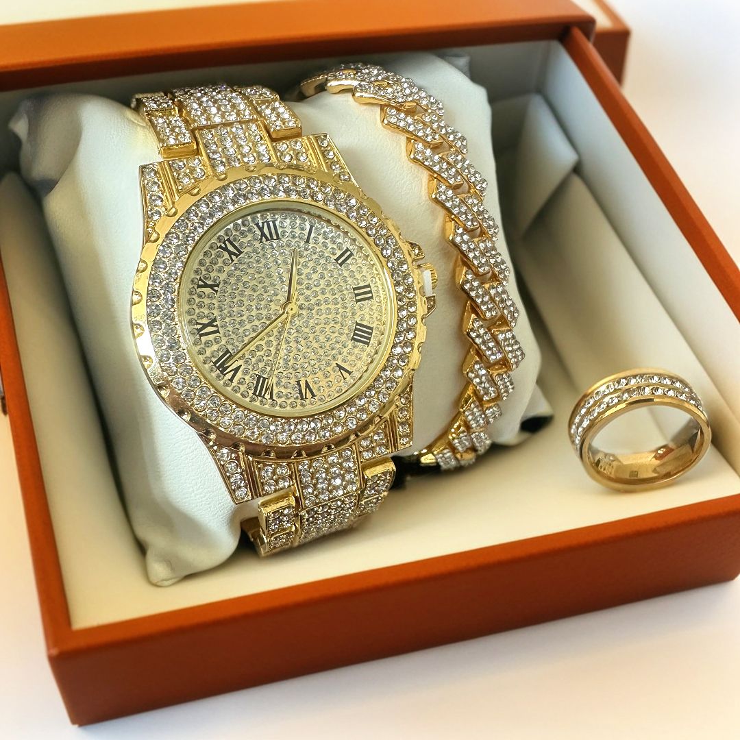 Hot selling Hip Hop 3-piece/set Starry Sky Watch with Diamond Set, Fashion Alloy Steel Strip Watch, European and American Trendy Quartz Watch Jewelry Gift Box（1*watch 1*bracelet 1*ring）