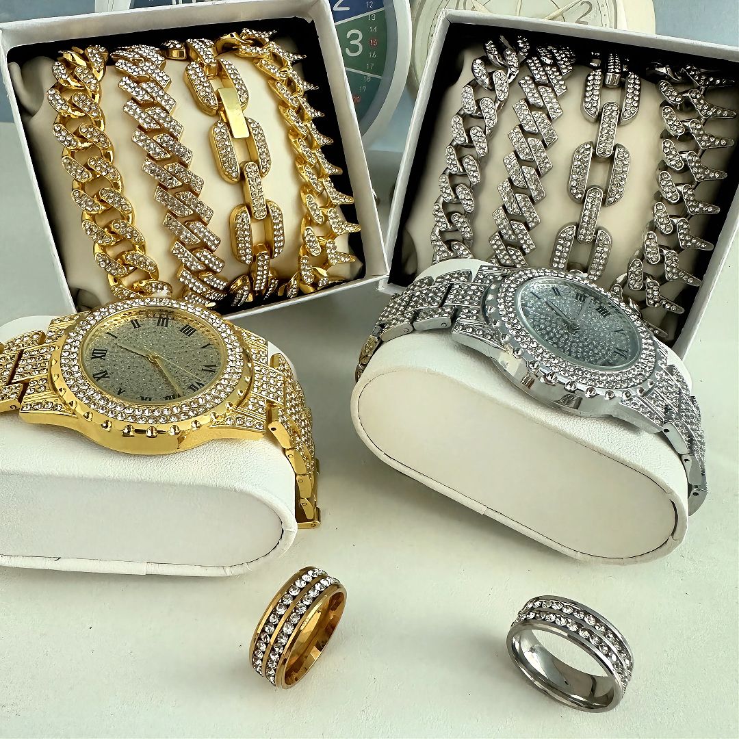 Hot selling Hip Hop 3-piece/set Starry Sky Watch with Diamond Set, Fashion Alloy Steel Strip Watch, European and American Trendy Quartz Watch Jewelry Gift Box（1*watch 1*bracelet 1*ring）