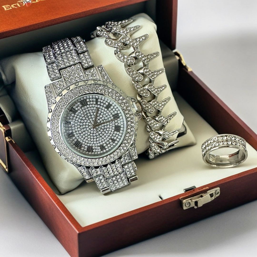 Hot selling Hip Hop 3-piece/set Starry Sky Watch with Diamond Set, Fashion Alloy Steel Strip Watch, European and American Trendy Quartz Watch Jewelry Gift Box（1*watch 1*bracelet 1*ring）