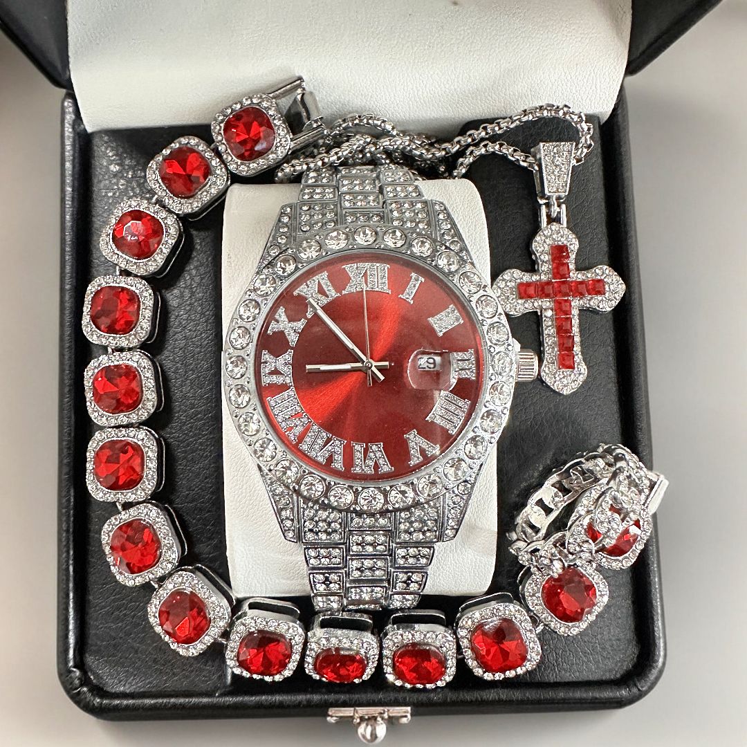 Hip hop bracelet watch necklace 4 pieces/set Diamond watch Hip hop Water Ghost American watch Luxury and atmospheric high-end silver watch（1*watch 1*bracelet 1*ring 1*necklace）