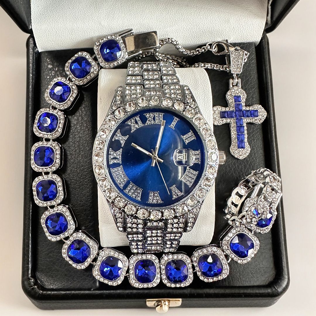 Hip hop bracelet watch necklace 4 pieces/set Diamond watch Hip hop Water Ghost American watch Luxury and atmospheric high-end silver watch（1*watch 1*bracelet 1*ring 1*necklace）