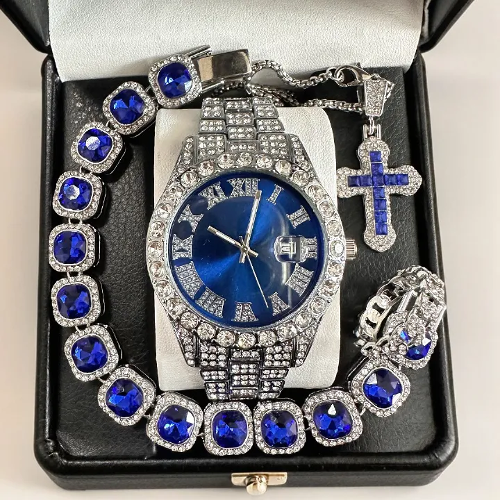 Hip hop bracelet watch necklace 4 pieces/set Diamond watch Hip hop Water Ghost American watch Luxury and atmospheric high-end silver watch（1*watch 1*bracelet 1*ring 1*necklace）
