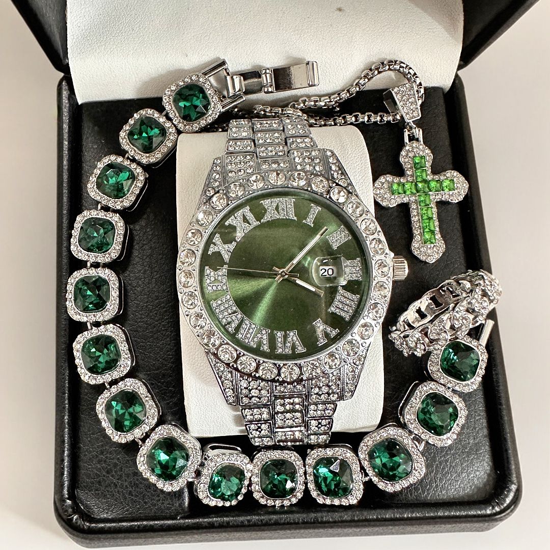 Hip hop bracelet watch necklace 4 pieces/set Diamond watch Hip hop Water Ghost American watch Luxury and atmospheric high-end silver watch（1*watch 1*bracelet 1*ring 1*necklace）