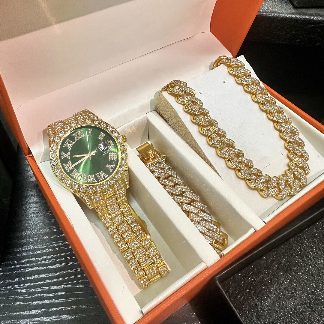 Hip hop fashion creative diamond watch Cuban chain necklace men's watch 3-piece set/gift box（1*watch 1*bracelet 1*necklace）