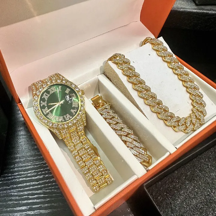 Hip hop fashion creative diamond watch Cuban chain necklace men's watch 3-piece set/gift box（1*watch 1*bracelet 1*necklace）