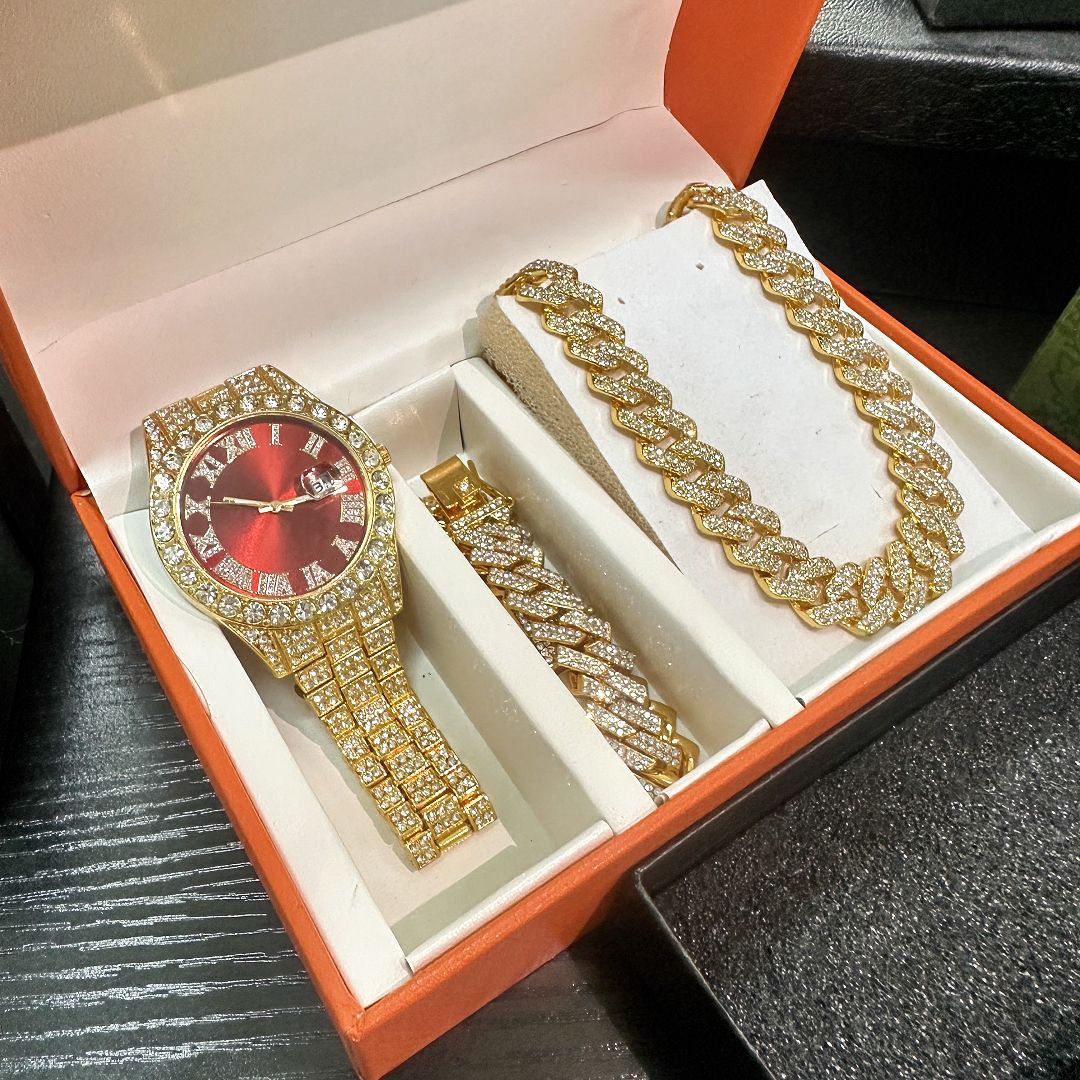 Hip hop fashion creative diamond watch Cuban chain necklace men's watch 3-piece set/gift box（1*watch 1*bracelet 1*necklace）