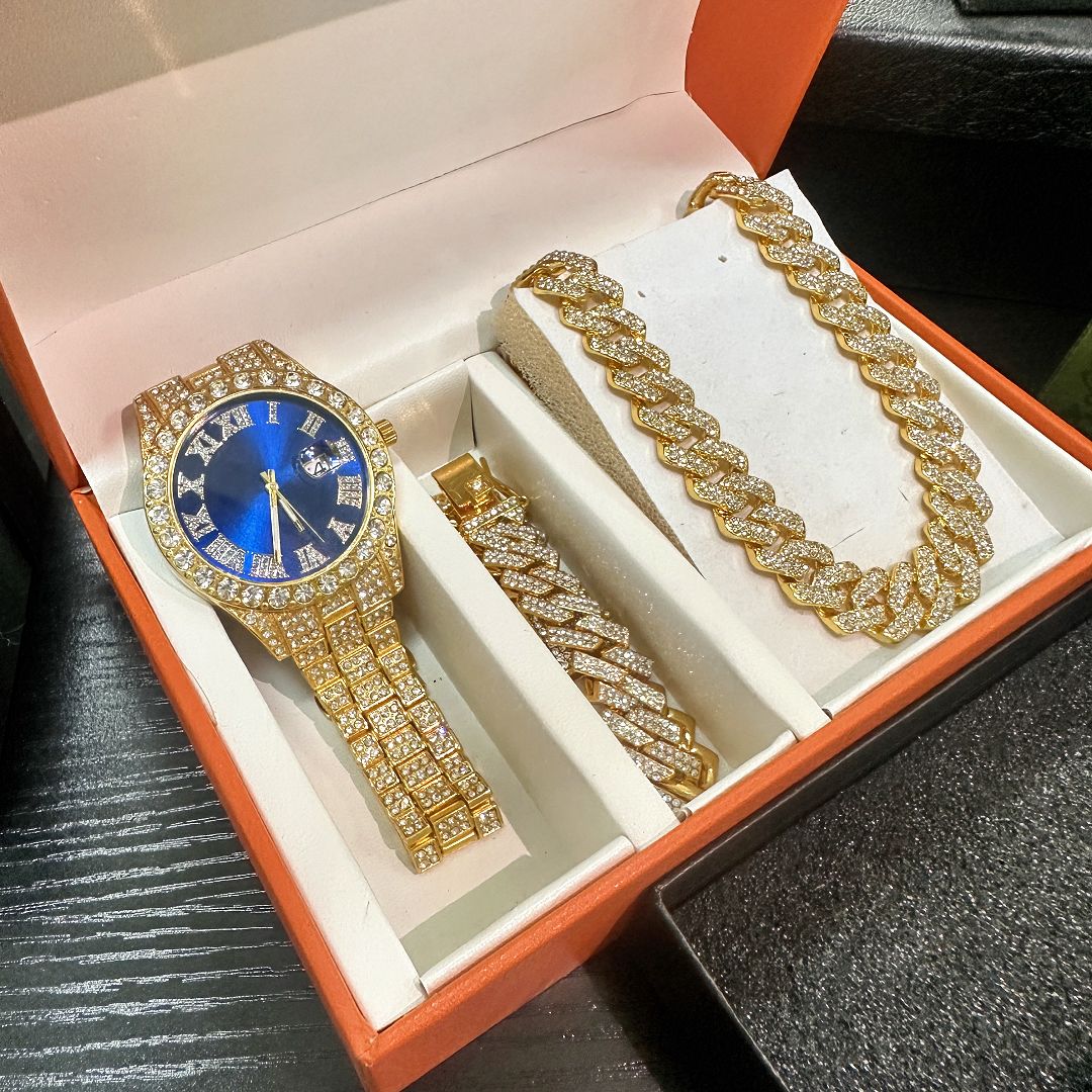Hip hop fashion creative diamond watch Cuban chain necklace men's watch 3-piece set/gift box（1*watch 1*bracelet 1*necklace）