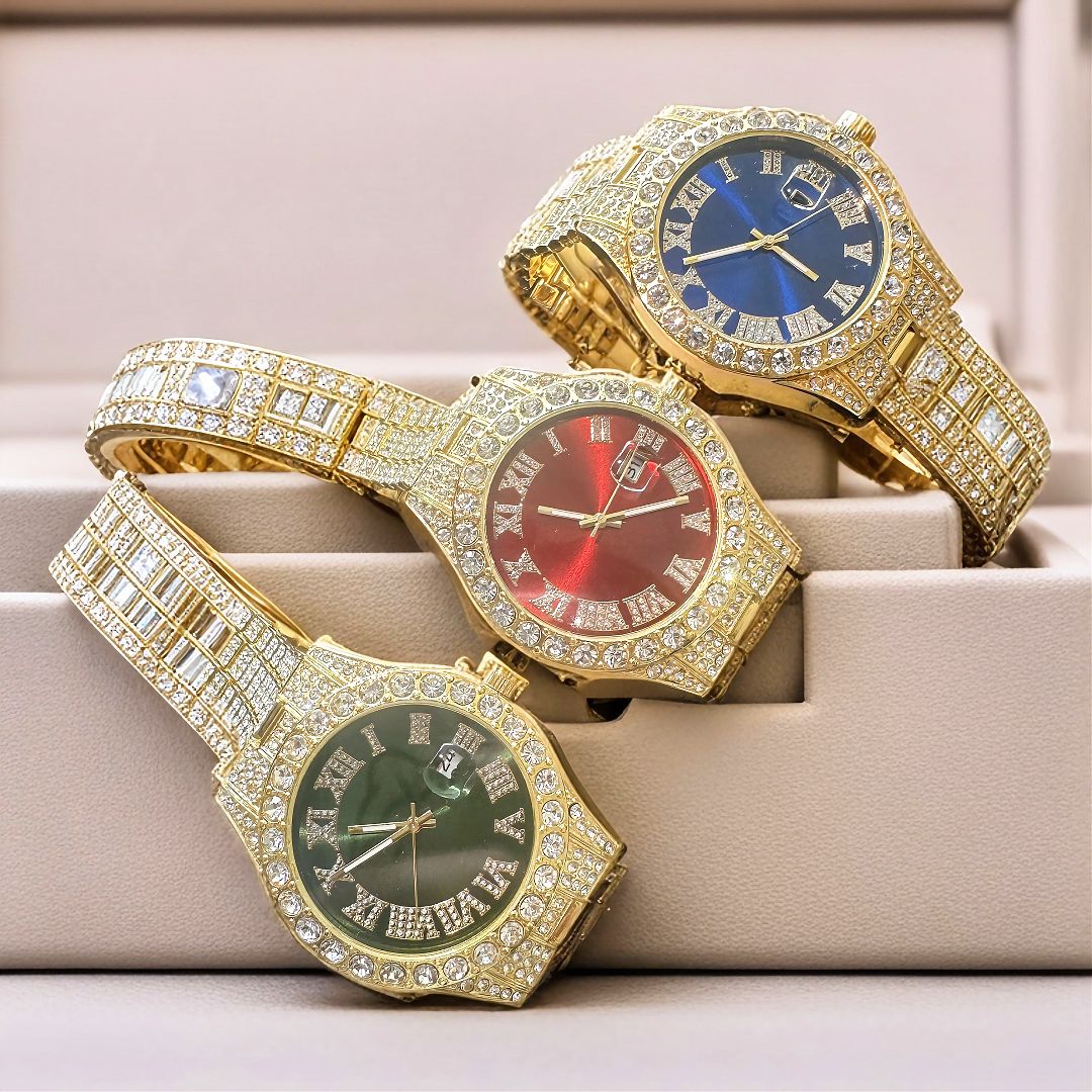 Hip hop fashion creative diamond watch Cuban chain necklace men's watch 3-piece set/gift box（1*watch 1*bracelet 1*necklace）