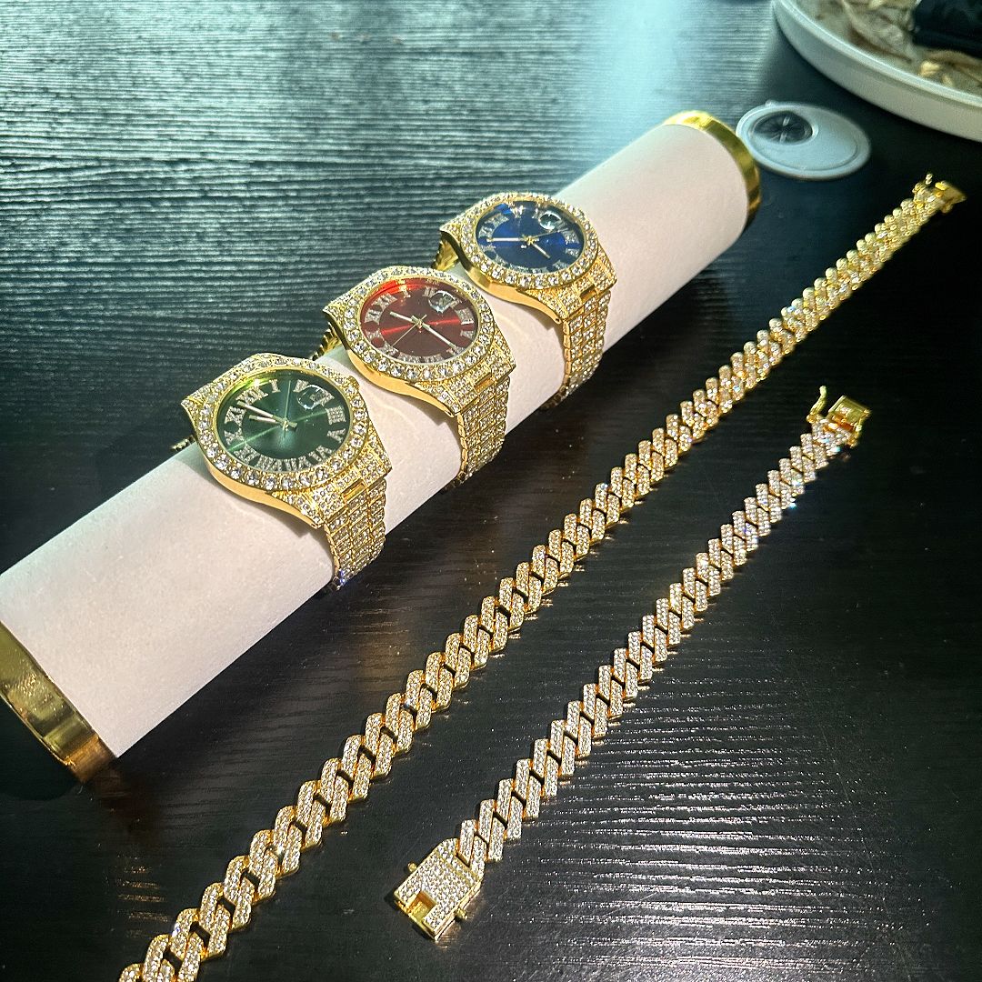 Hip hop fashion creative diamond watch Cuban chain necklace men's watch 3-piece set/gift box（1*watch 1*bracelet 1*necklace）
