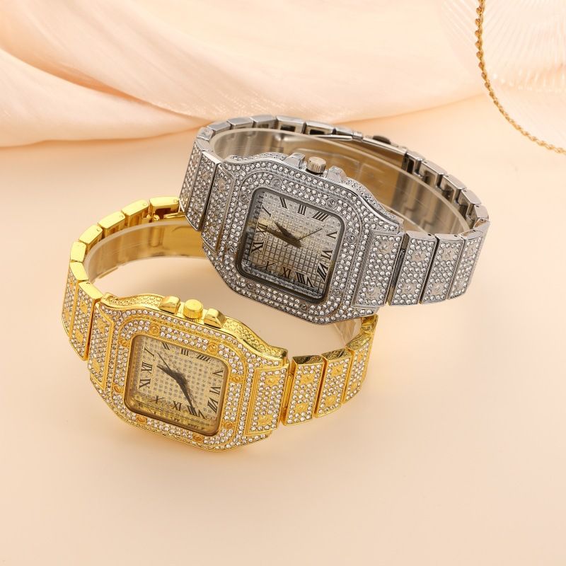 European and American hip-hop popular men's diamond studded dial hip-hop style full diamond silver watch square sugar crystal necklace bracelet 3 pieces/set（1*watch 1*bracelet 1*necklace）