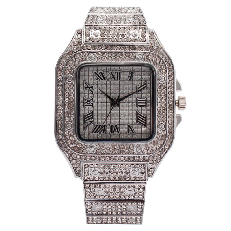 European and American hip-hop popular men's diamond studded dial hip-hop style full diamond silver watch square sugar crystal necklace bracelet 3 pieces/set（1*watch 1*bracelet 1*necklace）