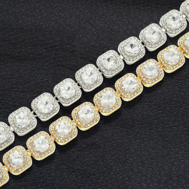 European and American hip-hop popular men's diamond studded dial hip-hop style full diamond silver watch square sugar crystal necklace bracelet 3 pieces/set（1*watch 1*bracelet 1*necklace）