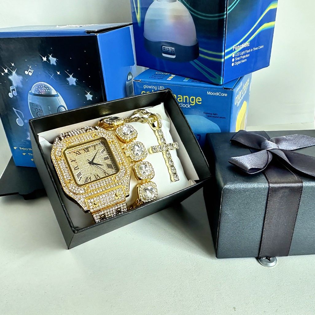 European and American hip-hop popular men's diamond studded dial hip-hop style full diamond silver watch square sugar crystal necklace bracelet 3 pieces/set（1*watch 1*bracelet 1*necklace）