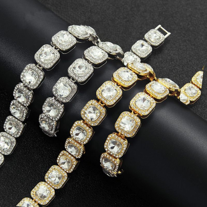 European and American hip-hop popular men's diamond studded dial hip-hop style full diamond silver watch square sugar crystal necklace bracelet 3 pieces/set（1*watch 1*bracelet 1*necklace）