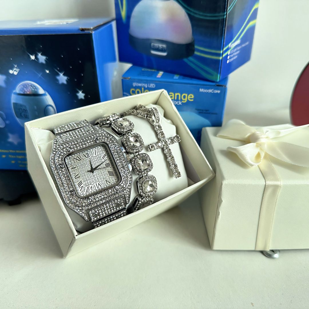 European and American hip-hop popular men's diamond studded dial hip-hop style full diamond silver watch square sugar crystal necklace bracelet 3 pieces/set（1*watch 1*bracelet 1*necklace）