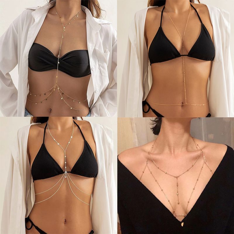 Body Chain, European and American Chest Chain, Chest Necklace Accessories, Women's Multi layer Integrated Beach Bikini Underwear Chain