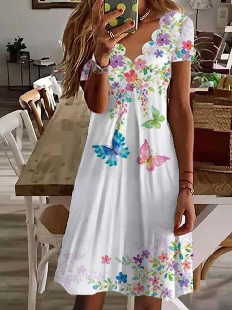 Summer New Women's Digital Printed V-neck Short Sleeved Dress 2024 Ladies Floral Print Knee-Length Pullover Dresses Femme Robe
