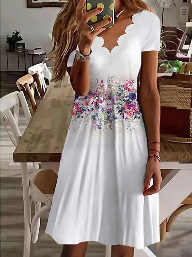 Summer New Women's Digital Printed V-neck Short Sleeved Dress 2024 Ladies Floral Print Knee-Length Pullover Dresses Femme Robe
