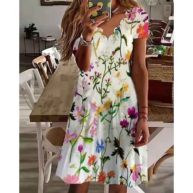 Summer New Women's Digital Printed V-neck Short Sleeved Dress 2024 Ladies Floral Print Knee-Length Pullover Dresses Femme Robe