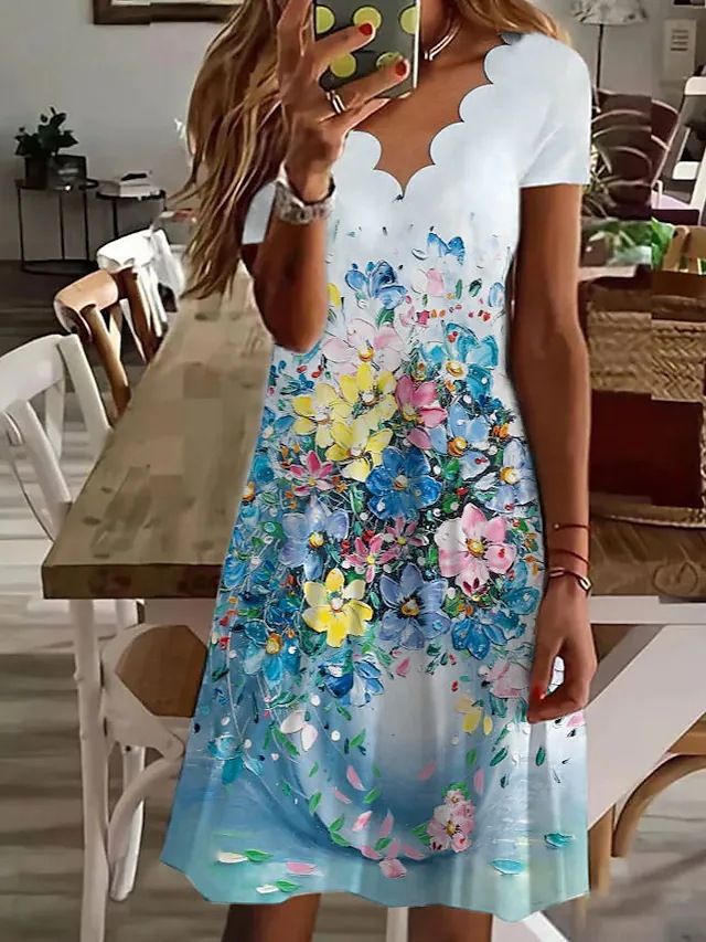 Summer New Women's Digital Printed V-neck Short Sleeved Dress 2024 Ladies Floral Print Knee-Length Pullover Dresses Femme Robe