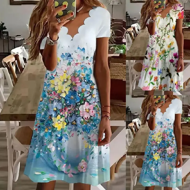 Summer New Women's Digital Printed V-neck Short Sleeved Dress 2024 Ladies Floral Print Knee-Length Pullover Dresses Femme Robe