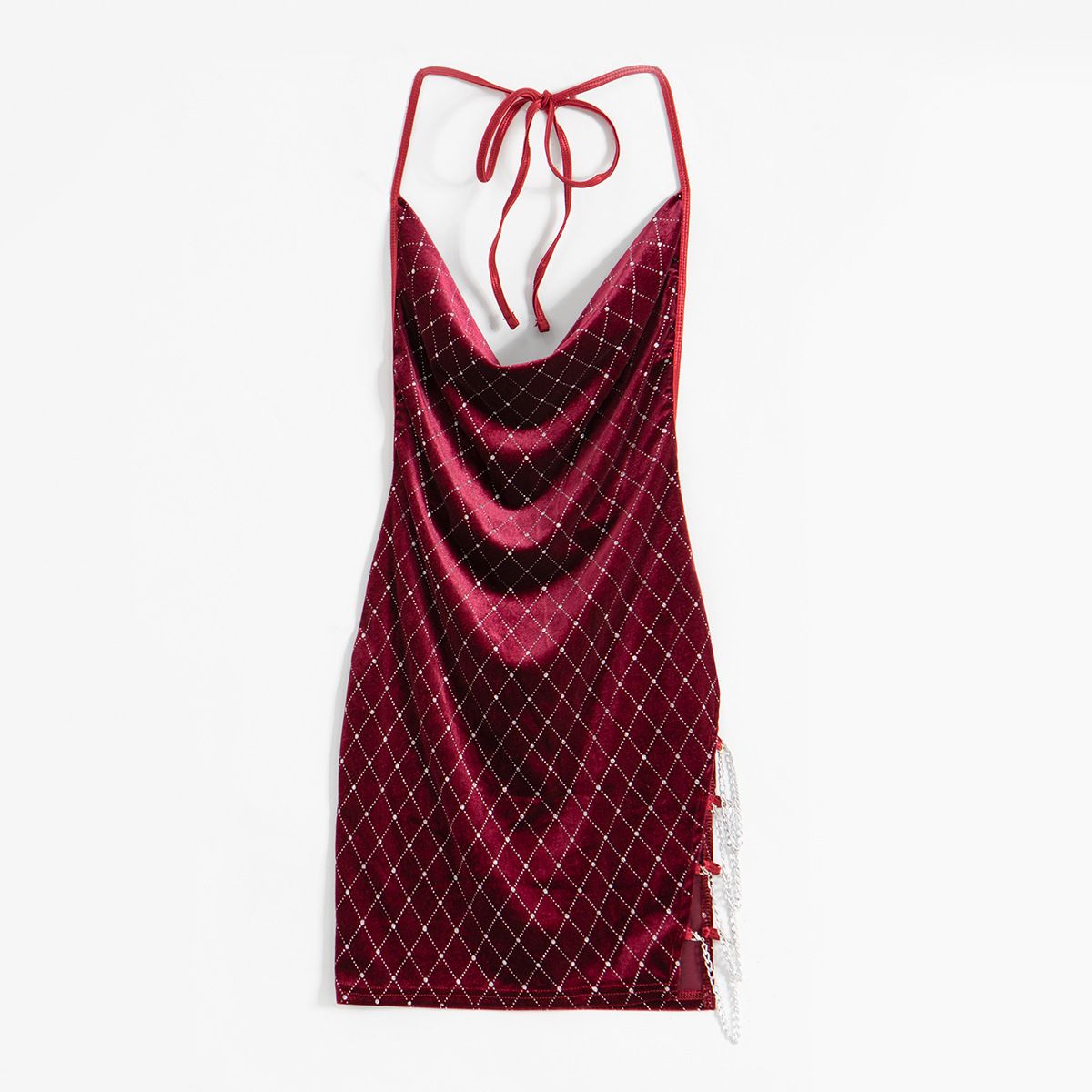 Shiny Gillters Backless Velvet Clubbing Dress Women's Sexy Sleeveless Halter Neck Tied Bodycon Dress with Side Chain