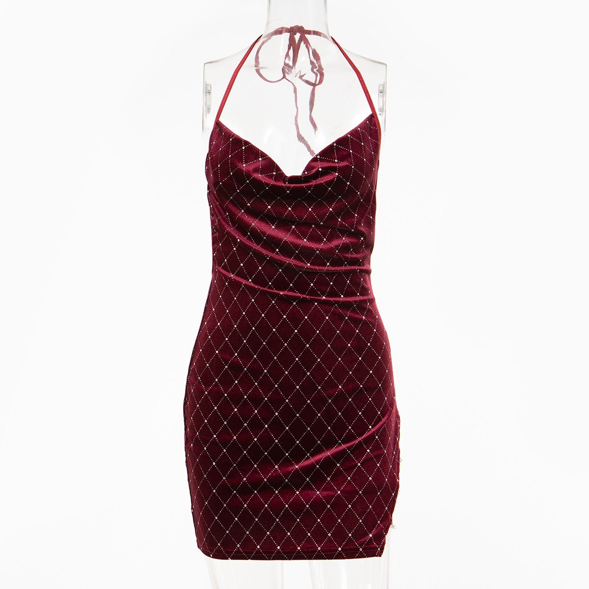Shiny Gillters Backless Velvet Clubbing Dress Women's Sexy Sleeveless Halter Neck Tied Bodycon Dress with Side Chain