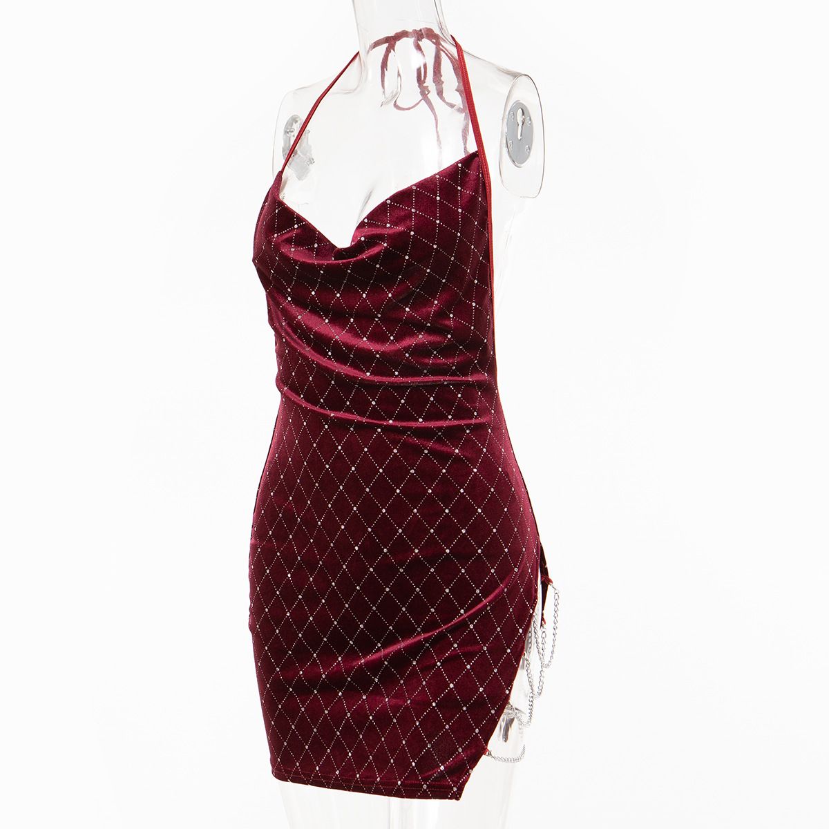 Shiny Gillters Backless Velvet Clubbing Dress Women's Sexy Sleeveless Halter Neck Tied Bodycon Dress with Side Chain