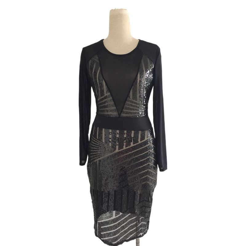 Black Sequin Embroidery Wrap Chest Slim Fit Bodycon Pencil Dress Nightclub Women's Fashion Dress Sexy Elegant Gown