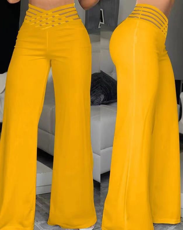 Women Flared Pants Elegant Office Lady Casual High Waist Trousers Spring Summer Solid Crisscross Sheer Mesh Patch Wide Leg Pant