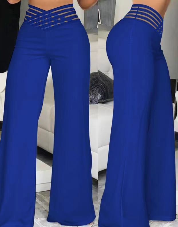 Women Flared Pants Elegant Office Lady Casual High Waist Trousers Spring Summer Solid Crisscross Sheer Mesh Patch Wide Leg Pant
