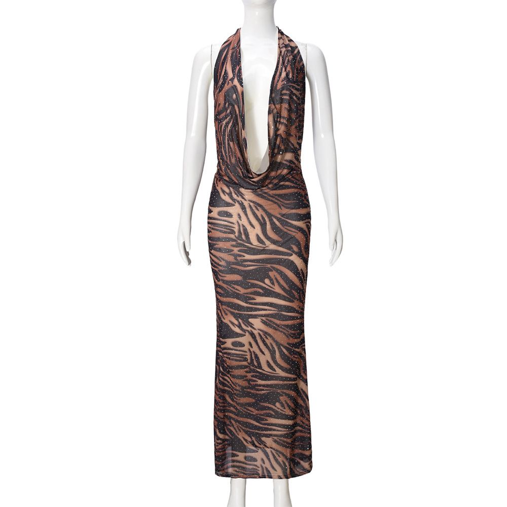 Fashion Leopard Sequins Women's Party Dresses Sexy Deep V-Neck Sleeveless Slim Fit Bodycon Maxi Elegant Vestidos Robes