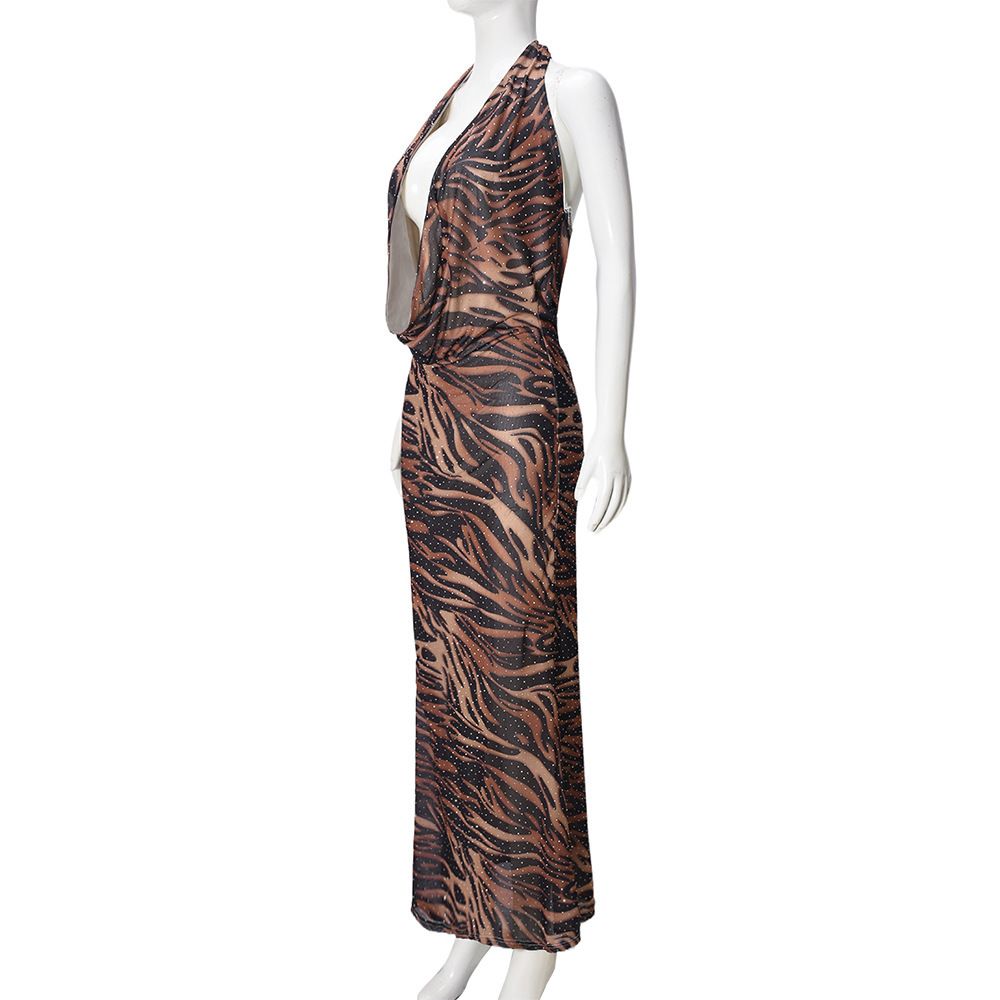 Fashion Leopard Sequins Women's Party Dresses Sexy Deep V-Neck Sleeveless Slim Fit Bodycon Maxi Elegant Vestidos Robes