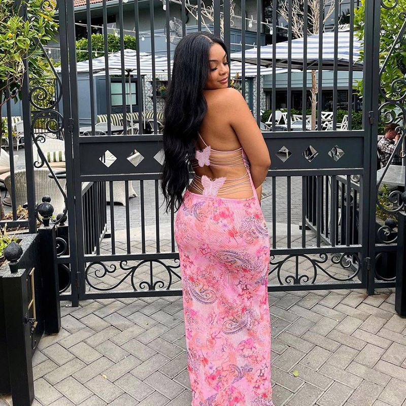 Women Summer Bandage Long Evening Dress Sleeveless Backless Halter Neck Butterfly Decorated Party Club Dress
