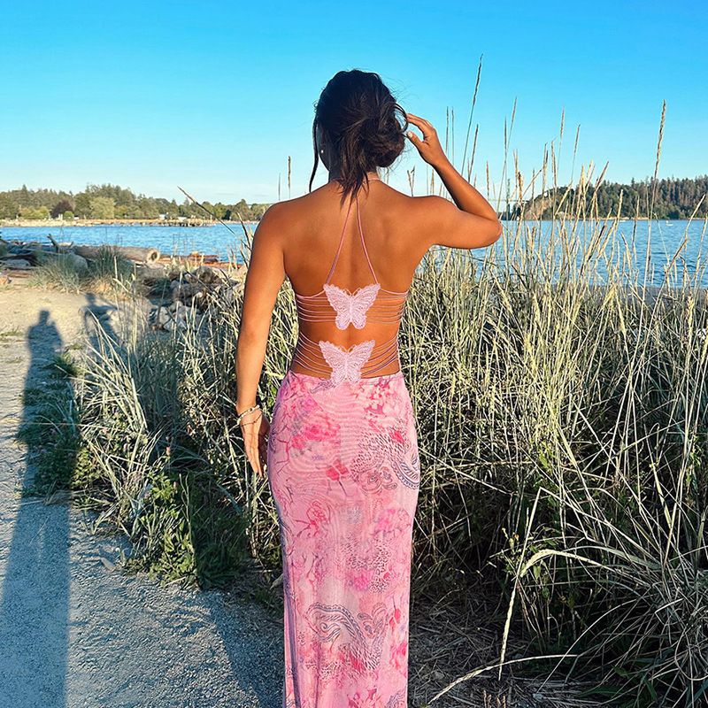 Women Summer Bandage Long Evening Dress Sleeveless Backless Halter Neck Butterfly Decorated Party Club Dress