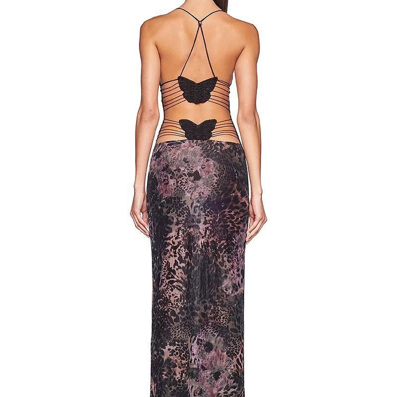 Women Summer Bandage Long Evening Dress Sleeveless Backless Halter Neck Butterfly Decorated Party Club Dress