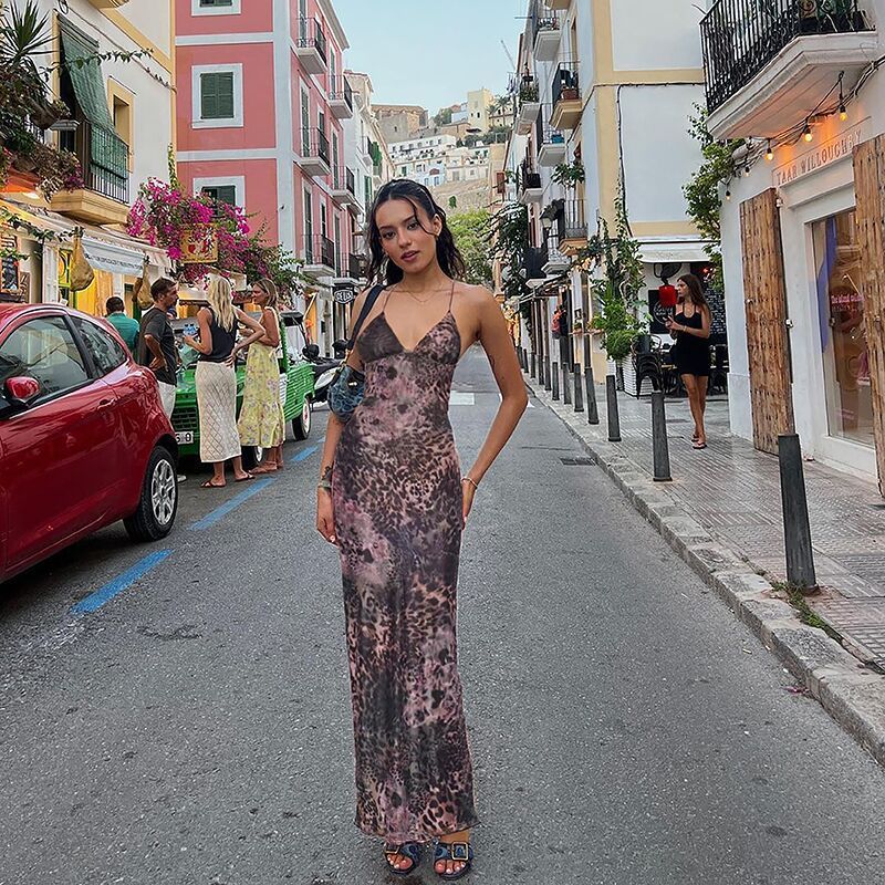 Women Summer Bandage Long Evening Dress Sleeveless Backless Halter Neck Butterfly Decorated Party Club Dress