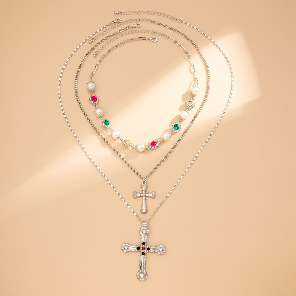 Salircon 3pcs/set Fashion Luxury Imitation Pearl Rhinestone Flower Beads Choker Necklace Men Exquisite Cross Pendant Jewelry
