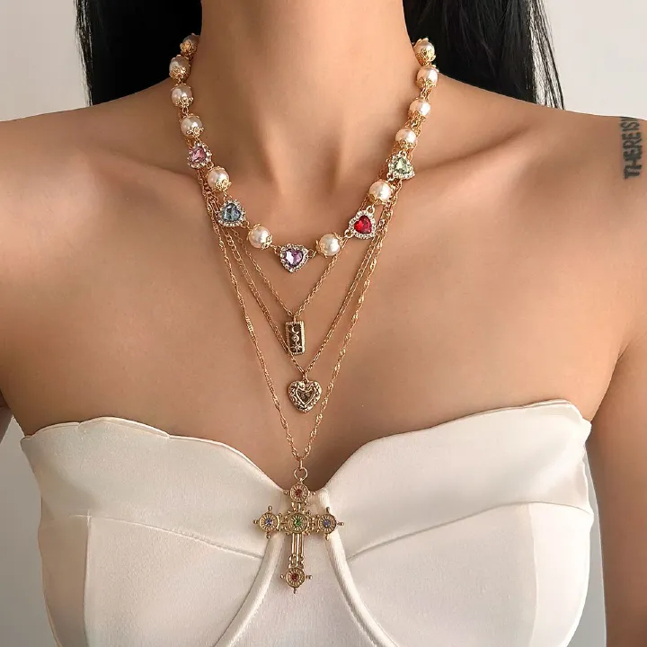 Salircon 3pcs/set Fashion Luxury Imitation Pearl Rhinestone Flower Beads Choker Necklace Men Exquisite Cross Pendant Jewelry